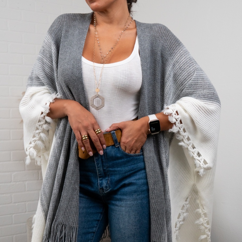 Brooke Multi-Colored Tasseled Ruana - Gray/Ivory